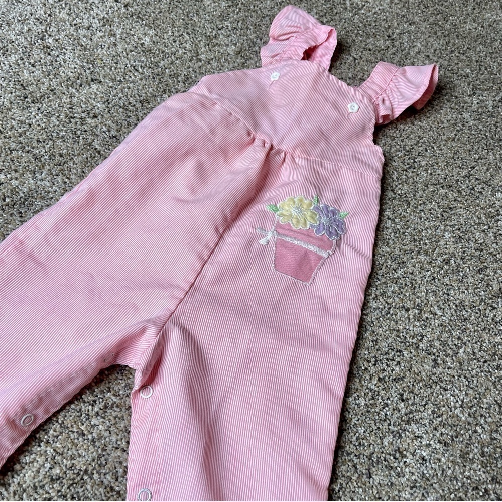 Vintage Health-tex Romper One Piece Pinstripe Pink White Floral Ruffle 24M USA
